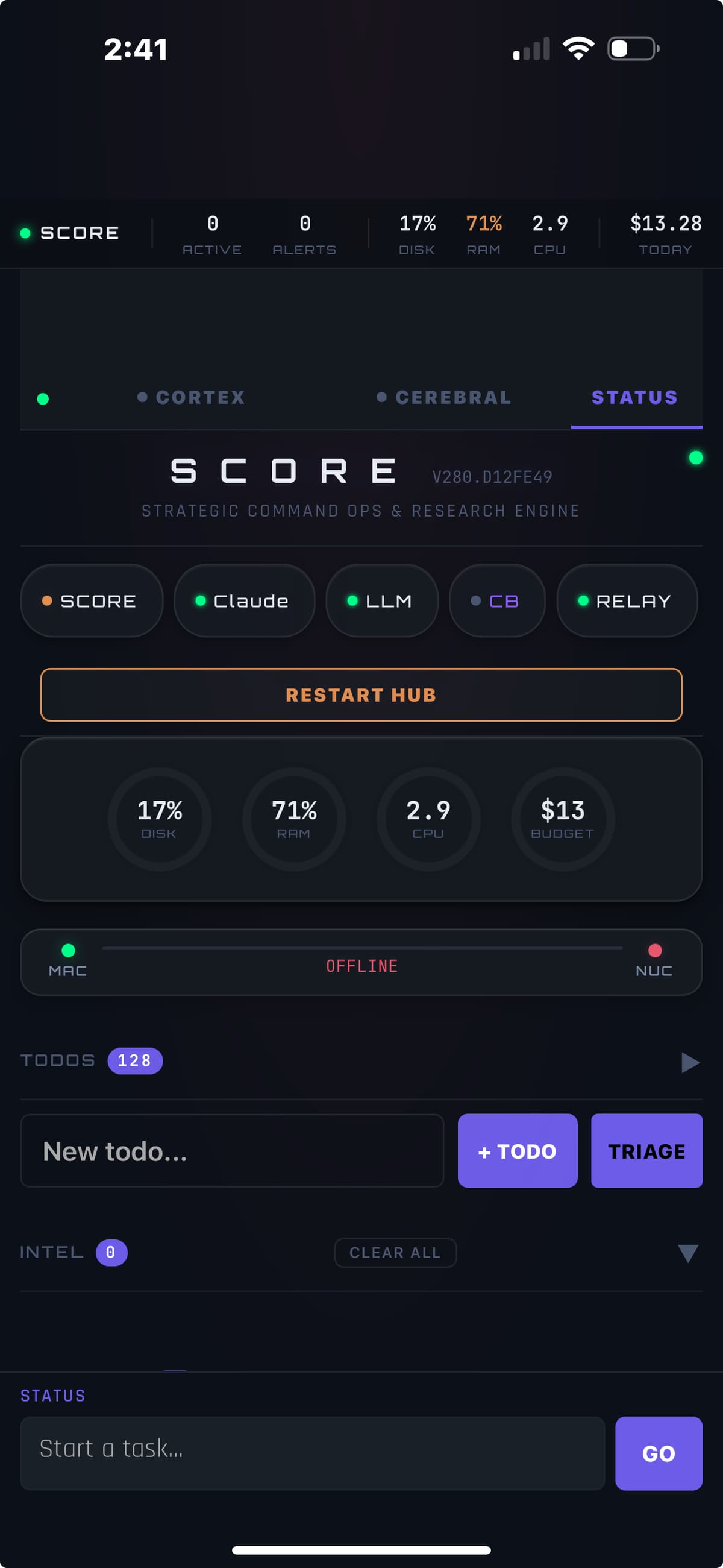 SCORE mobile cortex — agent chat on phone
