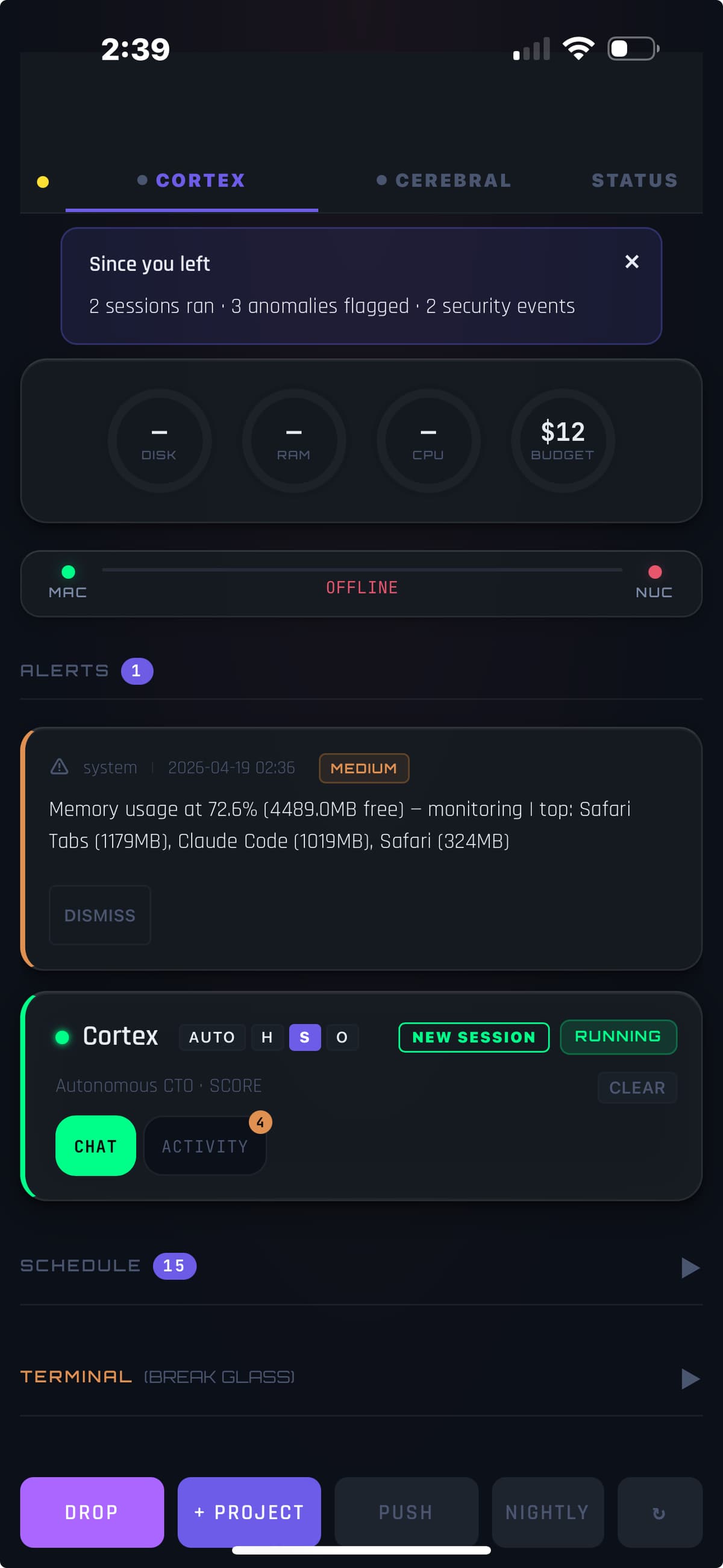 SCORE mobile status — push permission view