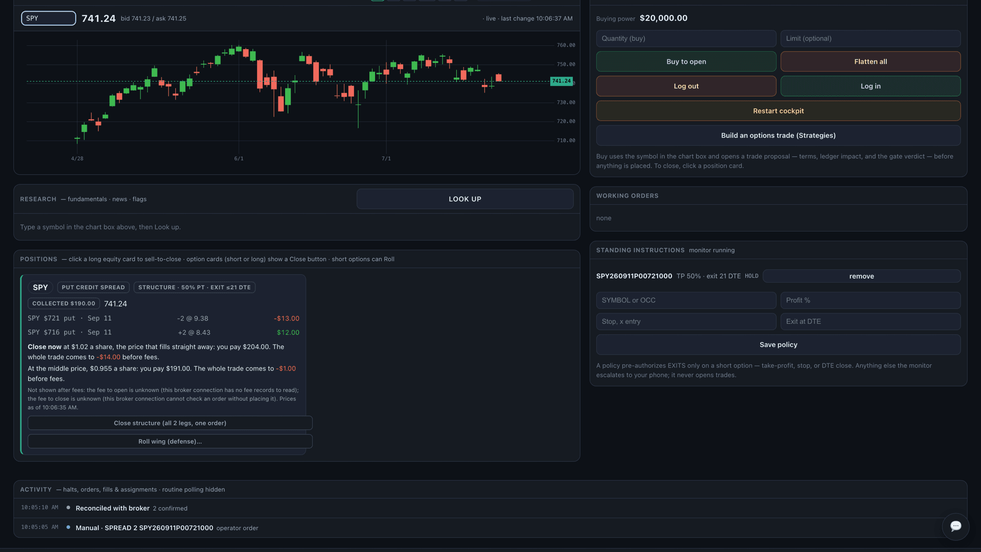 SentinelEQ Trade desk — an open spread with its exit plan and standing instructions